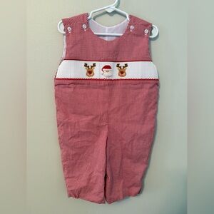 Classic Whimsy Red Gingham Smocked Santa and Reindeer Jon Jon